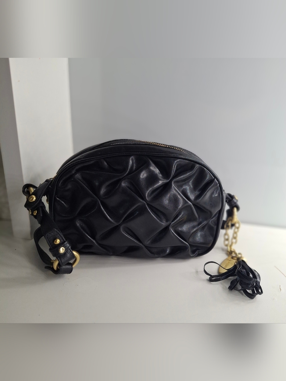 Brahmin Vintage Magnolia Tassel Crossbody Bag Black Leather Croc Trim RARE